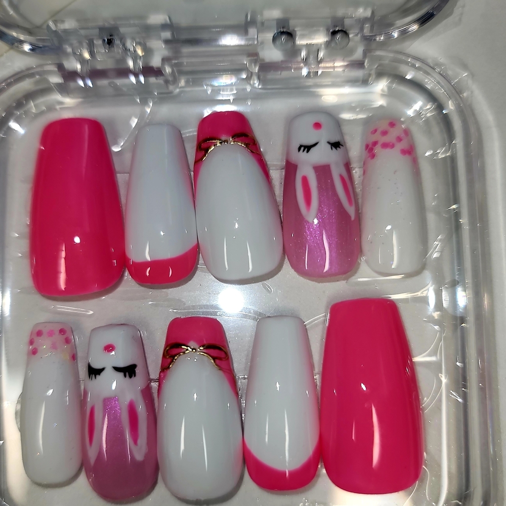 Pink and White Bunny Nail Set